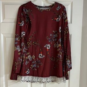 Floral Lace-Hem Long Sleeve Top - Burgundy